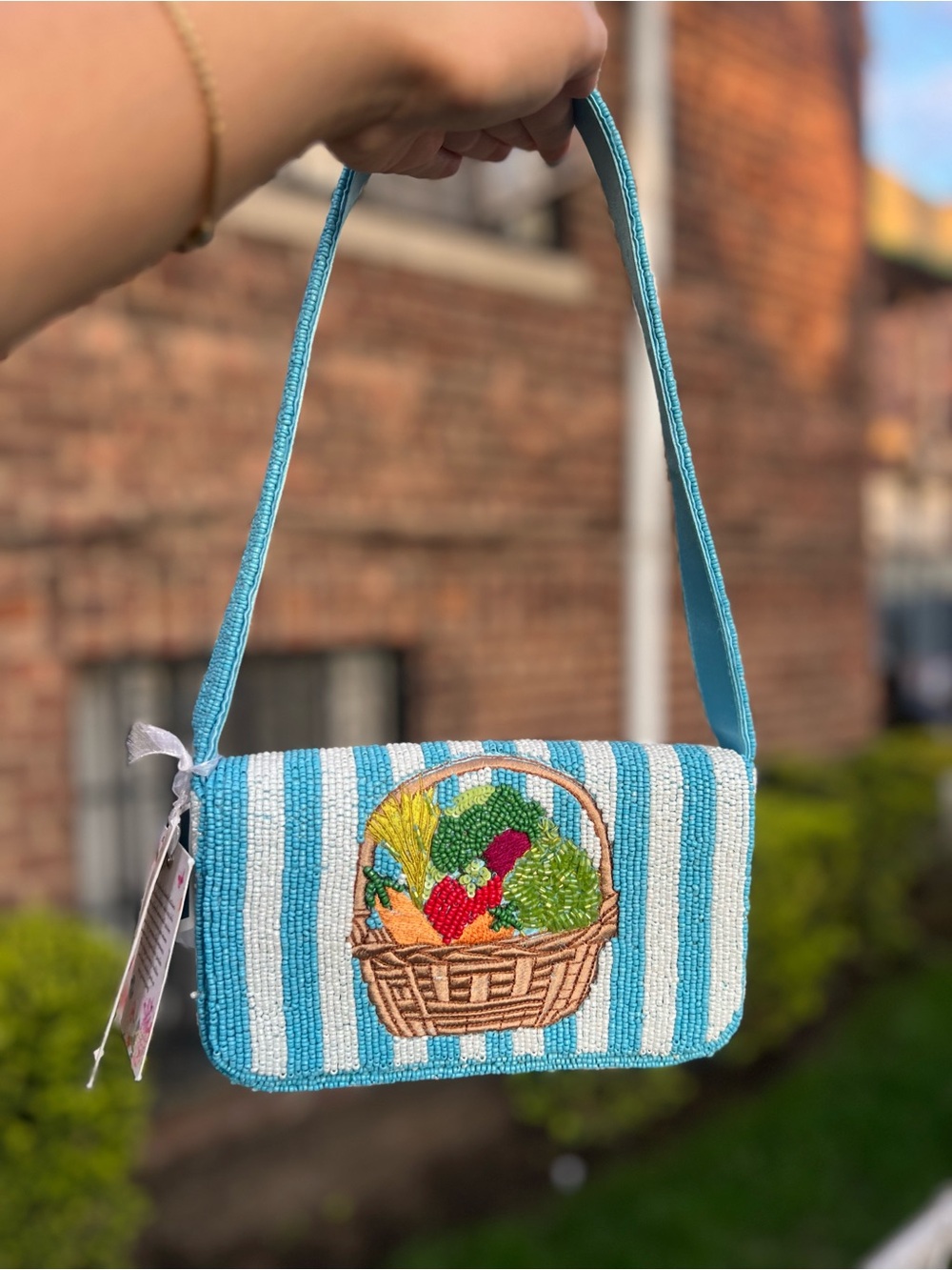 TJMAXX MARSHALLS Picnic Striped Farmers Market Produce Beaded Bag Shoulder Purse - Picture 2 of 10